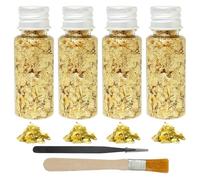 QEAS 4 Flacons de Feuilles d’Or Décoratives avec Pince à Épiler et Pinceau, Feuilles d’Or Décoratives Multifonctionnelles pour Décoration de Gâteaux, Fleurs de Mariage, Nail Art, Bricolage DIY, Bijoux