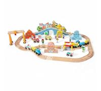 Qectial Blocs de Construction pour Enfants Ensemble Train Modulable Bois Rails Personnalisables Bâtiments Intégrés Véhicules à Assembler Favorise Imagination