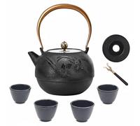Qectial Bouilloire en Fonte Théière Kettle Structure en Fer Chaleur Extraction des Arômes Base Plate pour Plaques Céramiques et, Noir Avec Fourchette, Sous-verre Et 4 Tasses, 1200ml