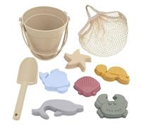 Qectial Kit de Jeux de Plage pour Enfants Comprenant Un Seau à Sable En Silicone, Une Pelle, Des Moules Représentant La et Un Sac En Filet. Concept, Beige Blanc