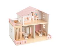 Qectial Maison de Poupée Enfant Bois Maison Miniature Jeu Imaginatif Villa Ouverte Deux Niveaux Cintrées Fenêtres Balcon Meublée Chambre Salle de Bain Salon
