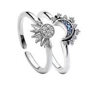 QEDBOJE 2 pièces Bague Soleil et Lune, Motif Lune Soleil Scintillant, Argent Bague en Forme de Lune et de Soleil, Bague d'amitié, pour Femme, Couples