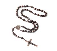 QEDBOJE Collier Chapelet Croix Catholique, Perles de Prière en Bois Naturel avec Croix Médaille Jésus Christ Saint Benoît, pour Chrétiens Catholiques Communion Religieuse, Baptême, Messe, Bible