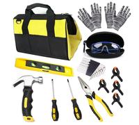 QeeHeng Ensemble d'outils réels pour enfants, 24 outils de travail du bois avec sac à outils, comprend un marteau à panne de 15,2 cm, une pince, un tournevis, un niveau, des lunettes de sécurité, des