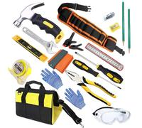 QeeHeng Kit de Démarrage Vrais Outils pour Enfants ,Garçon Ensemble Vrais Outils à Main en Métal ,avec Ceinture à Outils, Boîte Marteau ,Tournevis, Outils de Menuiserie de Bricolage pour Garçons