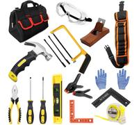 QeeHeng Sets d'Outils pour Enfants Débutants, Caisse a Outil Enfant, Réels Outils à Main de Construction Bricolage, avec Sac, Ceinture Porte Outil, Marteau et Scie, Cadeaux pour garçons&Jeunes