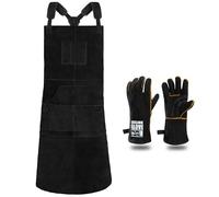 QeeLink Tablier de soudage avec gants de transpiration - Tablier en cuir avec 6 poches - Ignifuge et résistant à la chaleur, Noir, 61×107cm