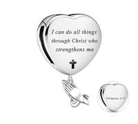 QeenseKc Breloque main priante avec verset de la Bible Philippiens 4:13 en forme de cœur pour bracelet Pandora, Métal, Pas de gemme