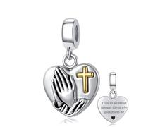 QeenseKc Breloque main priante en forme de cœur avec verset de la Bible gravé Philippiens 4:13 Compatible avec bracelet Pandora Cadeau pour femme