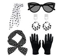QEEQPF Lot de 5 accessoires de costume des années 1950 pour femme - En mousseline de soie - Bandeau - Lunettes - Boucles d'oreilles - Pour femme - Tenue de fête vintage, Noir/blanc, taille unique