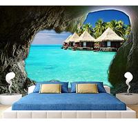 QEETapete Papier Peint Panoramique Grotte En Pierre Avec Cocotiers Et Vue Mer Papier Peint Nature Intissé Murale Chambre Salon,430x300cm