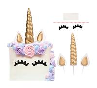 QEEYON 6 Pièces Doré Licorne Décorations Gâteau Cake Topper,Décoration de Gâteau D'anniversaire Avec Adorables Cornes de Licorne,Oreilles et Cils pour Décoration de Fête D'anniversaire de Mariage