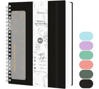 Qefuna Carnet A5 Ligné, 300 Pages à Spirale, Papier Résistant à l'Encre 100g/M², Couverture Rigide PVC, avec Règle, Poches Extensibles, Bandes Elastiques, pour Femme, Homme, 14,5 x 21 cm-Noir