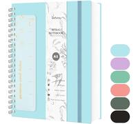 Qefuna Carnet A5 Ligné, 300 Pages à Spirale, Papier Résistant à l'Encre 100g/M², Couverture Rigide PVC, avec Règle, Poches Extensibles, Bandes Elastiques, pour Femme, Homme, 14,5 x 21 cm-Bleu