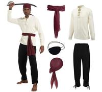 QEKFDOV Ensemble d'accessoires de costume de pirate médiéval 5 pièces pour homme avec bandana, ceinture et cache-œil pour Halloween, capitaine et carnaval (L)
