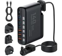 QENEQ 140W GaN USB C Chargeur de Voyage 6 Ports 100W PD3.0 Typ C QC PPS Adaptateur International avec Prises EU UK US AU Compatible avec MacBook iPad iPhone 17 Pro Max Galaxy S24 Ordinateur Portable