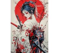 QENSPE Diamond Painting Kit pour Adulte Débutant, Femme Japonaises 5D Peinture Diamant Ronde Dots Diamant Painting Images, Samouraï Cristal Art Set pour Décoration Murale Maison Cadeau 30x40cm