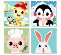 QENSPE Lot de 4 Kits Peinture par Numéros Enfants avec Cadre, 6 à 12 Ans, Petit Animal Paint by Numbers Adultes, Décoration Cadeau pour Enfant, 20x20cm Pingouin, Lapin, Cochon, Girafe