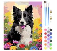QENSPE Peinture par Numéro Adulte, DIY Paint by Numbers Kit avec 3 Pinceaux et Peintures Acryliques, sans Cadre 40 x 50 cm, pour Décoration Murale Maison Cadeau - Fleur et Chien