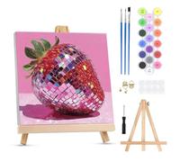 QENSPE Peinture par Numéros pour Adultes sur Toile Encadrée - avec Chevalet, Boule Disco Paint by Numbers Kit, Strawberry Peinture à l'huile Acrylique pour Décoration Murale Maison (20x20 cm)