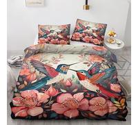 QEODAH Housse de Couette 140x200 Colibri - Parure de Lit 1 Personne Motif Fleurs, Ensemble de Literie Imprimée en Microfibre Douce avec Fermeture éclair, 1 taie d'oreiller 65x65 cm
