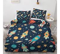 QEODAH Housse de Couette 140x200 Enfant Espace - Parure de Lit 1 Personne Motif Fusée et Planète, Ensemble de Literie Imprimée en Microfibre Douce avec Fermeture éclair, 1 taie d'oreiller 65x65 cm