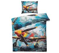 QEODAH Housse de Couette 160x200 Avion Enfant - Parure de Lit 2 Personnes Motif Garcon, Ensemble de Literie Imprimée en Microfibre Douce avec Fermeture éclair, 2 taies d'oreiller 65x65 cm