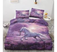 QEODAH Housse de Couette 160x200 Cheval Blanc - Parure de Lit 2 Personnes Motif Violet Lavande, Ensemble de Literie Imprimée en Microfibre Douce avec Fermeture éclair, 2 taies d'oreiller 65x65 cm