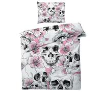 QEODAH Housse de Couette 200x200 Gothique - Parure de Lit 2 Personnes Motif Tête de Mort et Fleur Rose, Ensemble de Literie en Microfibre Douce avec Fermeture éclair, 2 taies d'oreiller 65x65 cm