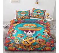 QEODAH Housse de Couette 200x200 Tete de Mort Mexicaine - Parure de Lit 2 Personnes Jour des Morts, Ensemble de Literie en Microfibre Douce avec Fermeture éclair, 2 taies d'oreiller 65x65 cm