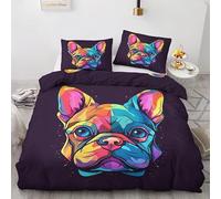 QEODAH Housse de Couette 220x240 Bouledogue Français - Parure de Lit 2 Personnes Chien Colorée, Ensemble de Literie Imprimée en Microfibre Douce avec Fermeture éclair, 2 taies d'oreiller 65x65 cm