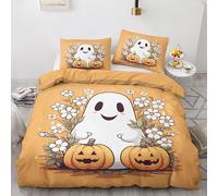 QEODAH Housse de Couette 220x240 Halloween Enfant - Parure de Lit 2 Personnes Fantome et Citrouille, Ensemble de Literie en Microfibre Douce avec Fermeture éclair, 2 taies d'oreiller 65x65 cm