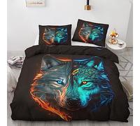 QEODAH Housse de Couette 220x240 Loup - Parure de Lit 2 Personnes Motif Fantaisie, Ensemble de Literie Imprimée en Microfibre Douce avec Fermeture éclair, 2 taies d'oreiller 65x65 cm
