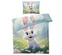 QEODAH Parure de Lit 140x200 Lapin Mignon - Housse de Couette 1 Personne Motif Lapin Kawaii, Ensemble de Literie Imprimée en Microfibre Douce avec Fermeture éclair, 1 taie d'oreiller 65x65 cm