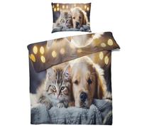 QEODAH Parure de Lit 160x200 Chien et Chat - Housse de Couette 2 Personnes Motif Chiot et Chaton, Ensemble de Literie Imprimée en Microfibre Douce avec Fermeture éclair, 2 taies d'oreiller 65x65 cm