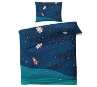QEODAH Parure de Lit 160x200 Enfant Espace - Housse de Couette 2 Personnes Fusée et Astronaute, Ensemble de Literie Imprimée en Microfibre Douce avec Fermeture éclair, 2 taies d'oreiller 65x65 cm