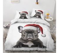 QEODAH Parure de Lit 240 x 260 Bouledogue Français Noir - Housse de Couette 2 Personnes Motif Noël, Ensemble de Literie en Microfibre Douce avec Fermeture éclair, 2 taies d'oreiller 65x65 cm