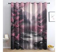 QEODAH Rideau Fleurs de Cerisier - Rideau Occultant Thermiques Paysage Japonais Asiatique, Lot de 2 Rideaux à Oeillets pour Decoration Chambre Salon, Draperies Intérieurs Fenetre, 140x240 cm (LxH)