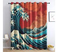 QEODAH Rideau Occultant Thermiques Vague Japonaise - Rideau Ukiyoe Hokusai Kanagawa, Lot de 2 Rideaux à Oeillets pour Decoration Chambre Salon, Draperies Intérieurs Fenetre, 140x220 cm (LxH)