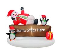 QEOIYDE Panneau de décotation gonflable de Noël « Santa Stops Here » avec bonhomme de neige et pingouins mignon 1,5 m avec boîte cadeau, parfait pour une pelouse, un jardin ou un porche