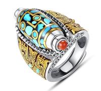 QEOTOH Turquoise Six-Character Mantra Nine-Eyed Dzi Bead Ring, 360° Rotation Fidget Rings for Anxiety, Open Adjustable Meditation Amulet Good Luck Ring, Tibetan Feng Shui Jewelry Gifts for Men Women