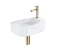QeramiQ Blend Ensemble de lavabo - 40x21.5x12cm - droite - nervuré - demi-rond - 1 trou de robinet - céramique - robinet de lave-mains en laiton brossé - bouchon de vidange - siphon abaissé - blanc br