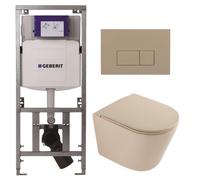 QeramiQ Dely Pack WC - 36,3x51,7cm - à fond creux - sans bride - réservoir encastré Geberit UP320 - abattant WC à fermeture douce - plaque de déclenchement taupe - boutons rectangulaires - beige mat S