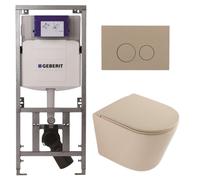 QeramiQ Dely Pack WC - 36,3x51,7cm - à fond creux - sans bride - réservoir encastré Geberit UP320 - abattant WC à fermeture douce - plaque de déclenchement taupe - boutons ronds - mat beige SW1000764/