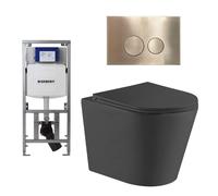 QeramiQ Dely Pack WC - 36,3x51,7cm - à fond creux - sans bride - réservoir encastré Geberit UP320 - abattant WC à fermeture douce - plaque de déclenchement en laiton brossé - boutons ronds - noir mat