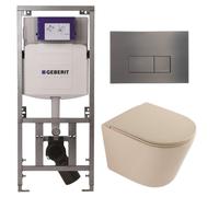 QeramiQ Dely Pack WC - 36,3x51,7cm - à fond creux - sans bride - réservoir encastré Geberit UP320 - abattant WC à fermeture douce - plaque de commande gunmetal - boutons rectangulaires - beige mat SW1