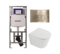 QeramiQ Dely Pack WC - 36,3x51,7cm - à fond creux - sans bride - réservoir encastré Geberit UP320 - abattant WC softclose 35 mm - plaque de déclenchement en laiton brossé - boutons rectangulaires - bl