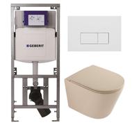 QeramiQ Dely Pack WC - 36,3x51,7cm - à fond creux - sans bride - réservoir encastré Geberit UP320 - abattant WC à fermeture douce - plaque de déclenchement blanche mate - boutons rectangulaires - beig