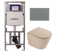 QeramiQ Dely Pack WC - 36,3x51,7cm - à fond creux - sans bride - réservoir WC attenant Geberit UP320 - abattant WC à fermeture douce - plaque de déclenchement gris clair - boutons ronds - beige mat SW