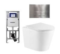 QeramiQ Dely Pack WC cuvette sans bride 36.3x51.7cm avec bâti-support Geberit UP320 abattant WC blanc brillant frein de chute et plaque de commande Steel boutons ronds SW1026255/0701131/SW706195/SW115
